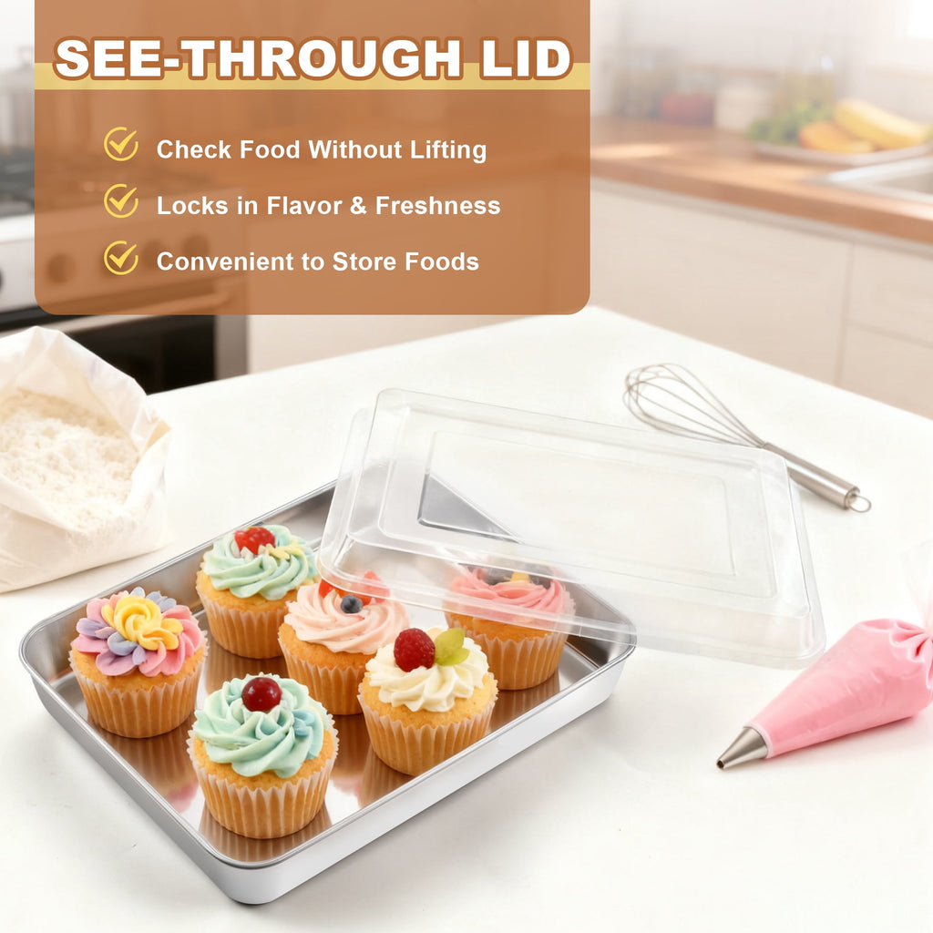 Baking Pans Set of 3, VeSteel Stainless Steel Sheet Cake Pan for Oven - 12.5/10.5/9.4Inch, Rectangle Bakeware Set for Cake Lasagna Brownie Casserole Cookie, Non-toxic & Healthy, Dishwasher Safe