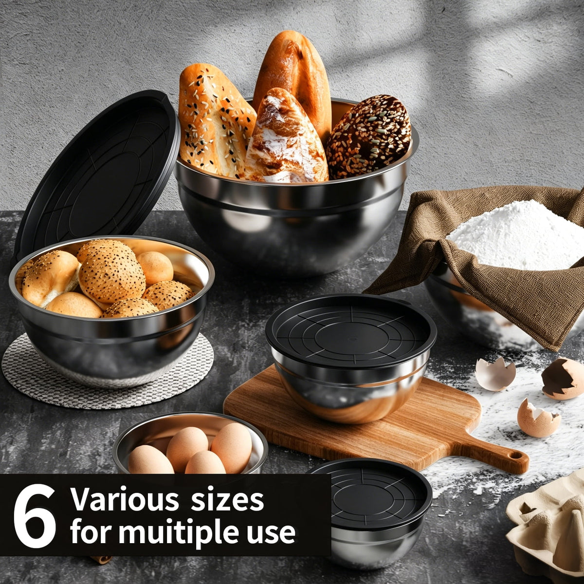 Stainless Steel Mixing Bowls Set, TINANA 6 Pack Mixing Bowls with Lids, Metal Nesting Storage Bowls for Kitchen, 4.5/3/2.5/2/1.5/0.75QT, Great for Prep, Baking, Serving, Multicolor