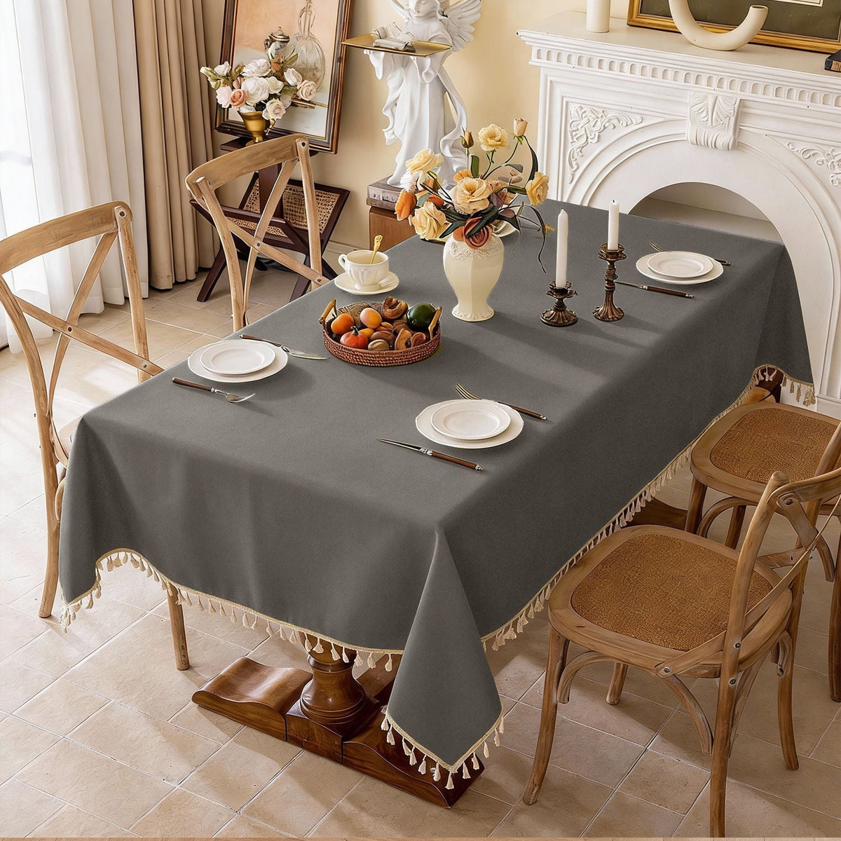 Soulgenix Tablecloth, 55"*70" Rectangle Table Cloth with Tassel, Table Cover for Dining, Party, Home, Fits Tables 30"×45" (4-6 seats), Beige