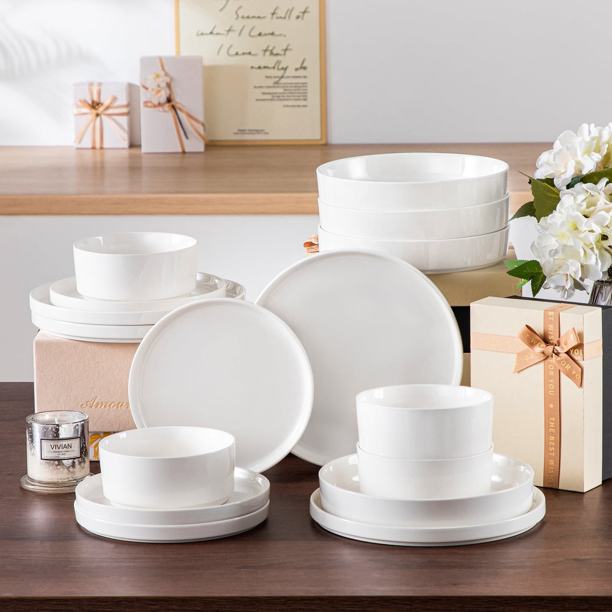 Vancasso 16 Pcs Dinnerware Sets, Plates and Bowls Set for 4, Ceramic Dinner Set, Scratch Resistant, White