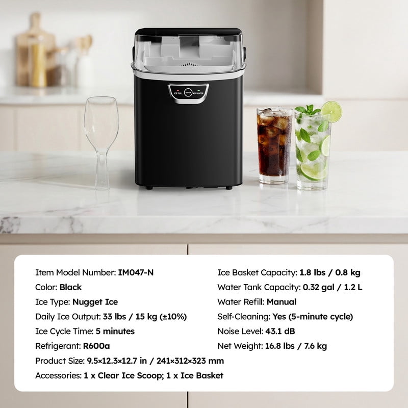 SIMZLIFE Countertop Nugget Ice Maker 33Lbs/24H, 5-Min Ice Cycle, Self-Cleaning, Portable Ice Machine with Basket & Scoop, Black