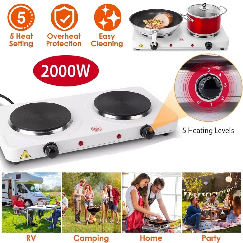 Electric Countertop Double Burner for Cooking, Portable 2000W Countertop Cast Iron Stove Burner, Hot Plate Temperature Controls with 5 Adjustable for RV/Home/Camp, Black