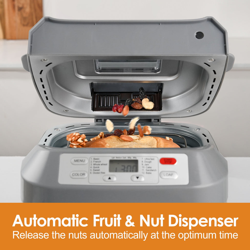 Kitchen in the Box 2lb Bread Maker with Auto Fruit Nut Dispenser, 12-in-1 Gluten-Free Bread Machine, 13H Delay Timer, Nonstick Pan, Keep Warm, White
