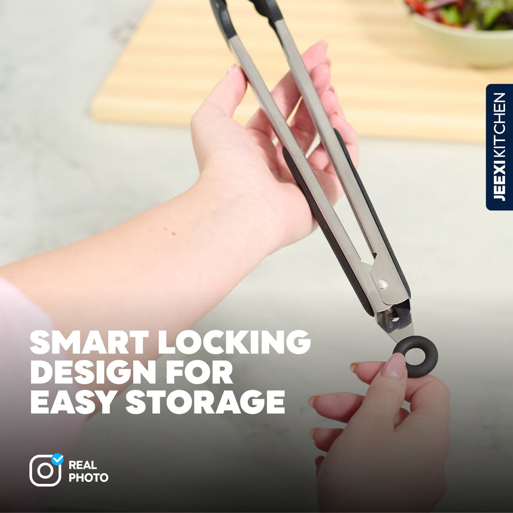 RED Kitchen Tongs for Cooking with Silicone Tips Stainless Steel Tongs 450℉ Locking Set 3, Cooking Serving Grilling Barbecuing Salads Kitchen Clips Easy to use