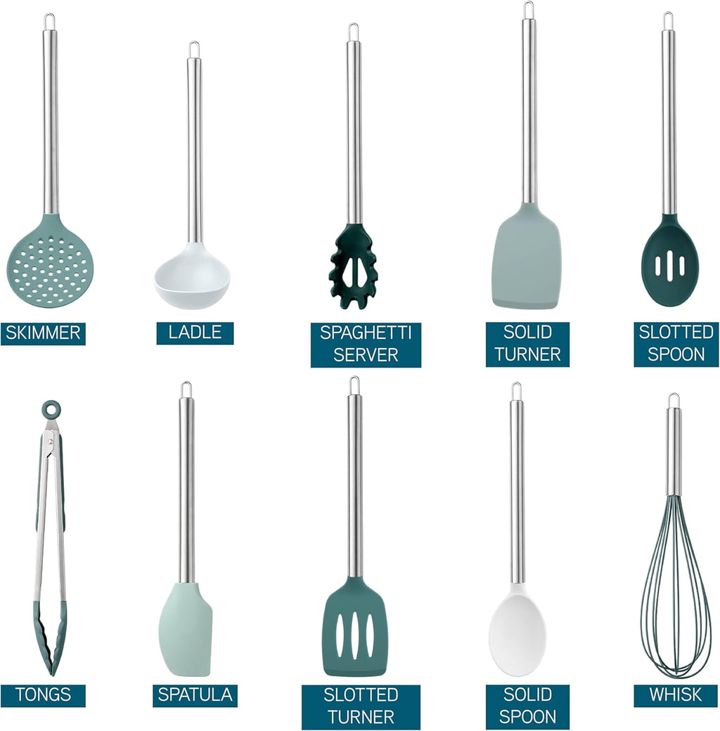 COOK WITH COLOR Kitchen Utensils Set, 10-Piece Cooking Utensils with Holder, Teal