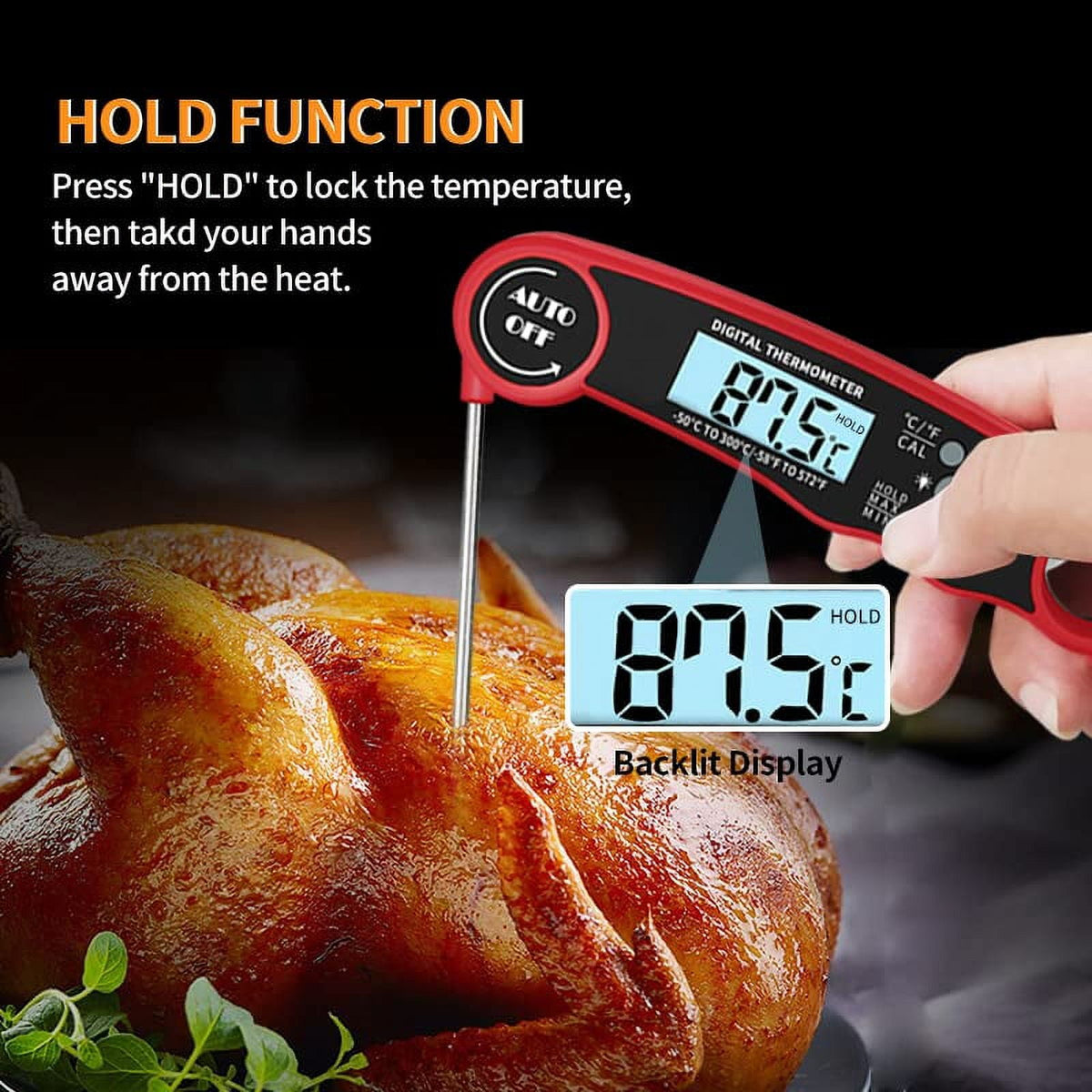 Yezivo Waterproof Meat Thermometer with Magnet, LED Display and Stainless Steel Probe, Instant Read Food Thermometer for Baking, Liquids, Candy, Grill Thermometer for Kitchen,BBQ,Party