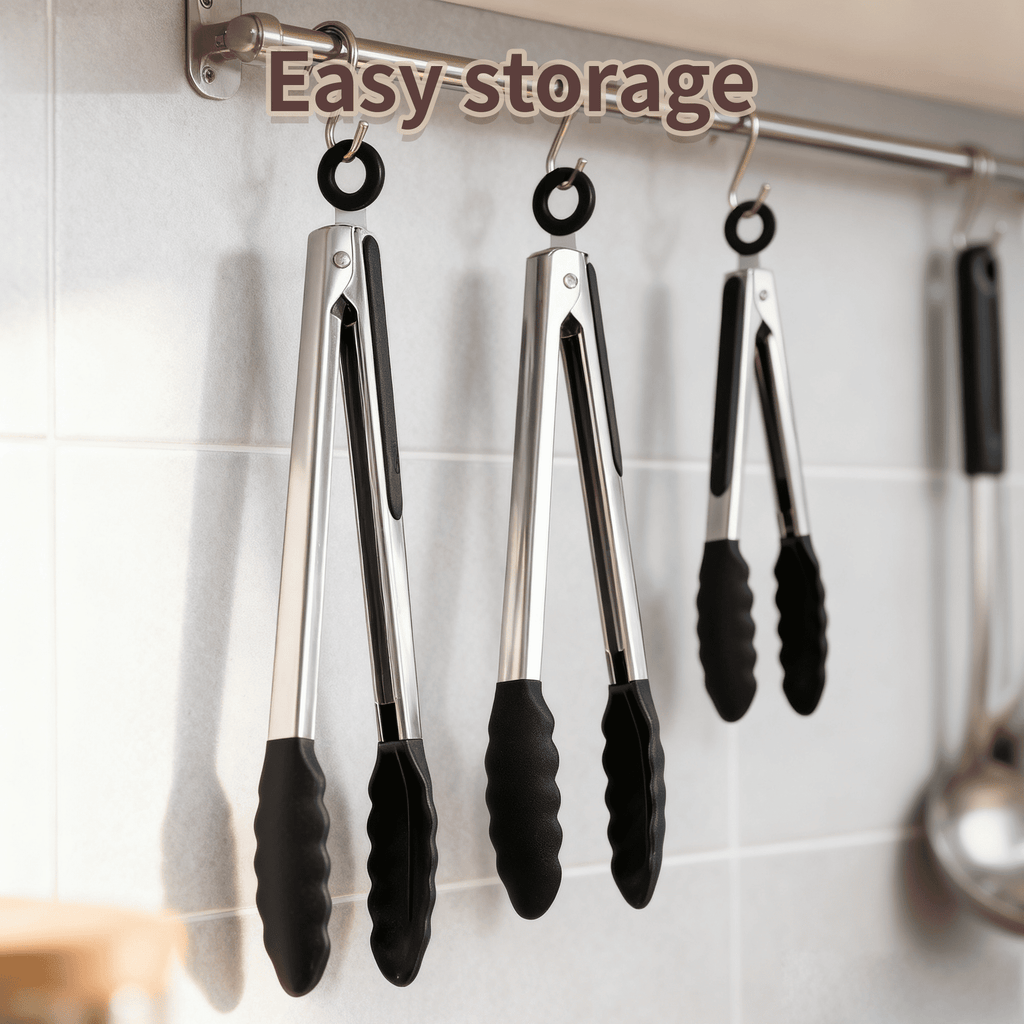 Non-stick black kitchen tongs with silicone tips, heat-resistant up to 480°F, 3-piece set (7“, 9”, 12"), featuring non-stick silicone tips and stainless steel handles. Ideal for cooking, serving, gri
