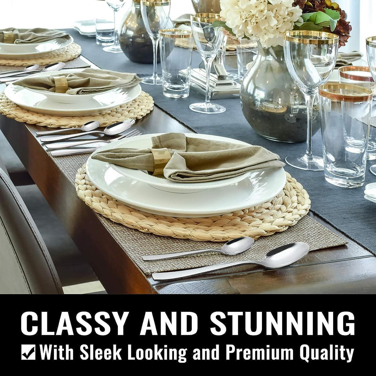 Black Flatware Set, AOKIWO 48-Piece 18/8 Stainless Steel Tableware Silverware with Steak Knives for Kitchen Restaurant, Mirror Polished ,Dishwasher
