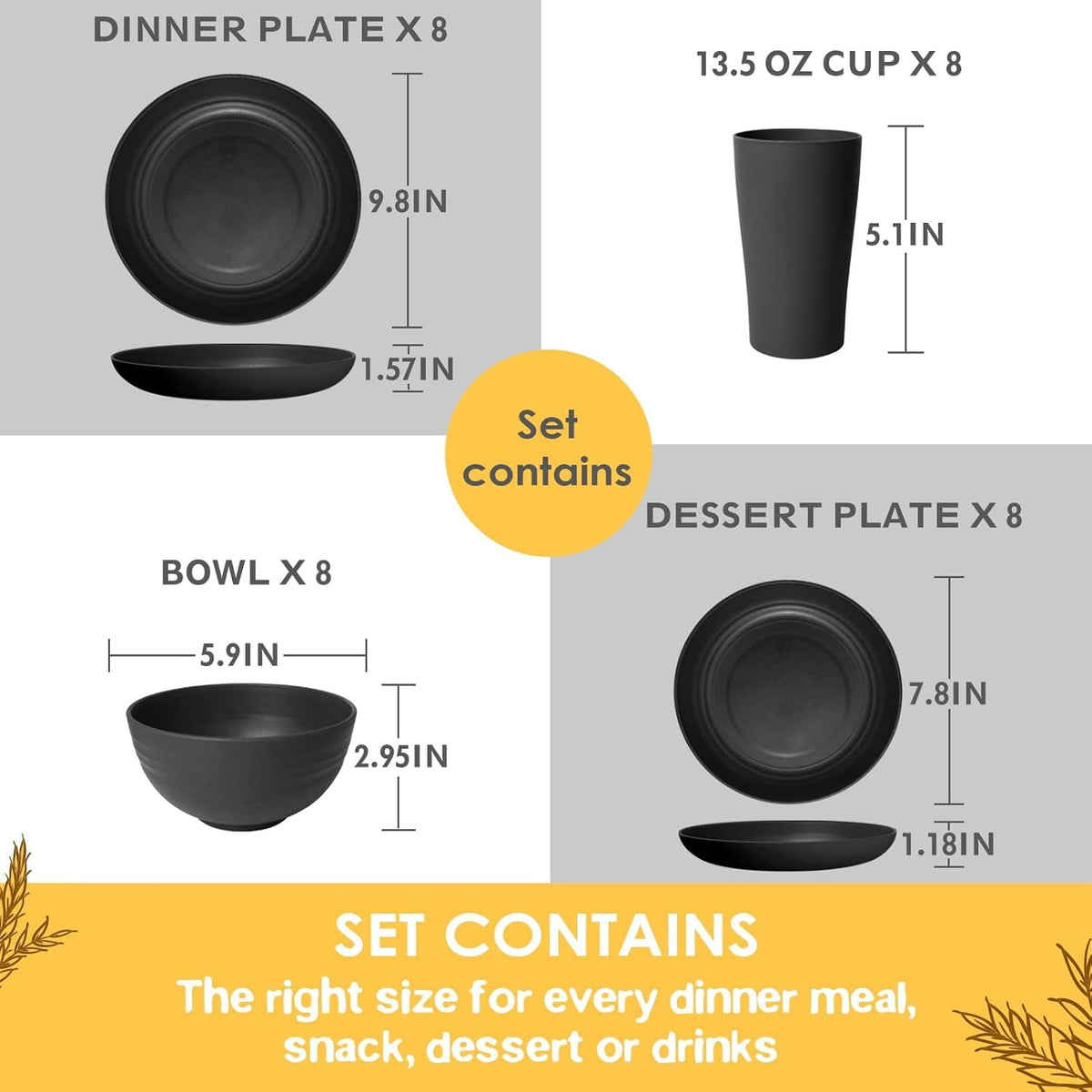 32-Piece Wheat Straw Dinnerware Set, Service for 8, Unbreakable Plates, Bowls & Cups, Eco-Friendly, Dishwasher Safe, , Apartments, Black