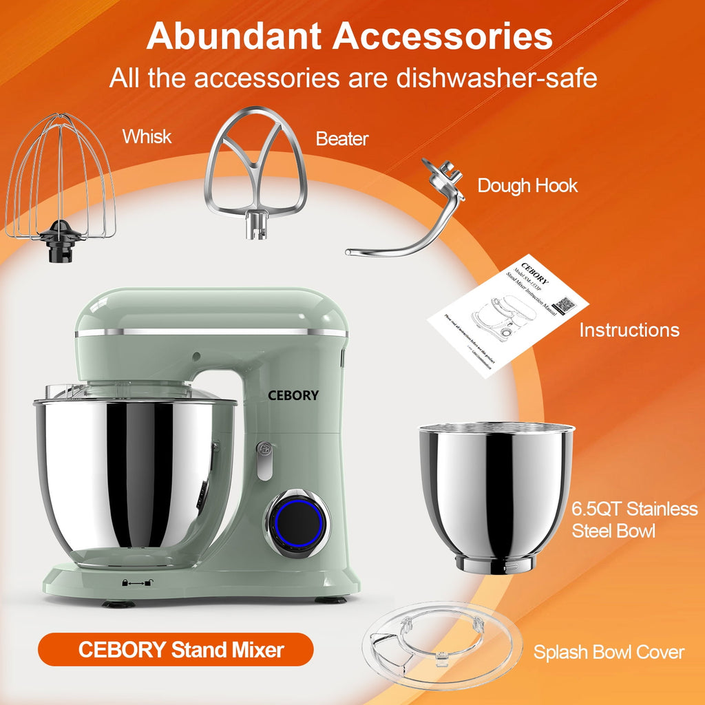 CEBORY 3-IN-1 Stand Mixer, 6.5 QT Tilt-Head 10-Speed Food Mixer, Kitchen Electric Mixer with Dough Hook, Beater, Whisk, Bowl for Most Home Cooks