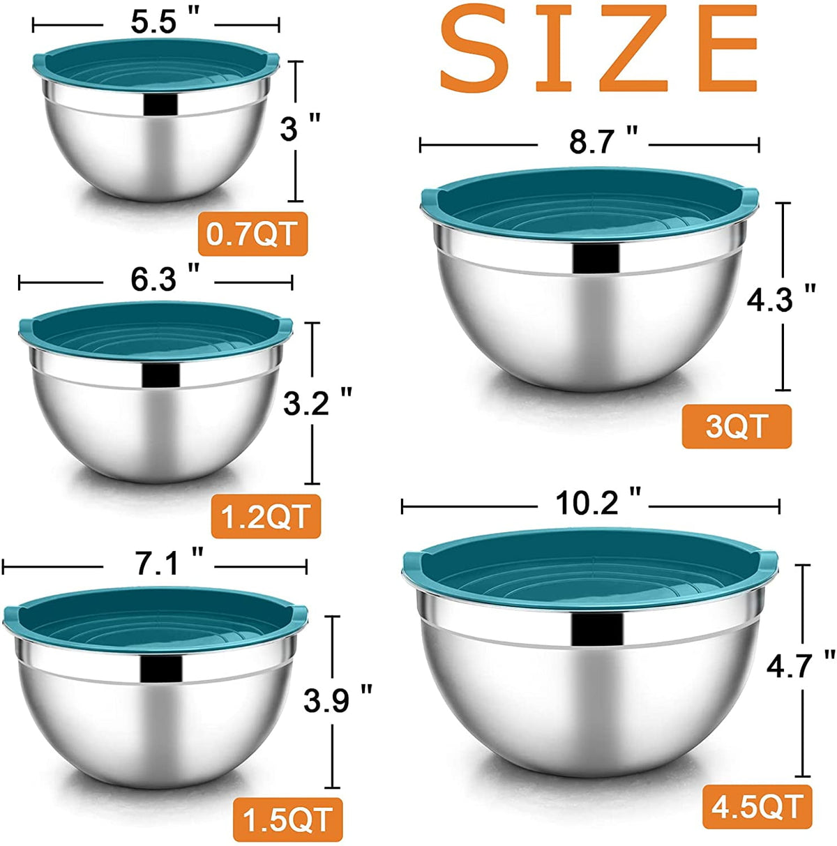 Mixing Bowls with Lids Set of 5, Vesteel Stainless Steel Mixing Bowls Metal Nesting Salad Bowls, Size 4.5, 3, 1.5, 1, 0.7 QT Great for Cooking, Baking, Serving - Multi-Color