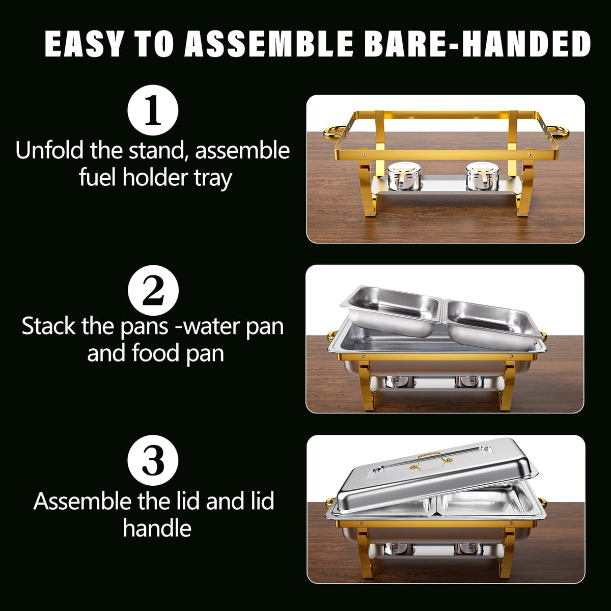 Jacgood 5 Pack Chafing Dish Buffet Set 8Qt. Foldable Rectangular Chafer Set, Stainless Steel Catering Warmer Set W/Full Size Water Pan, Food Pan, Fuel Holder for Cooked Food Insulation