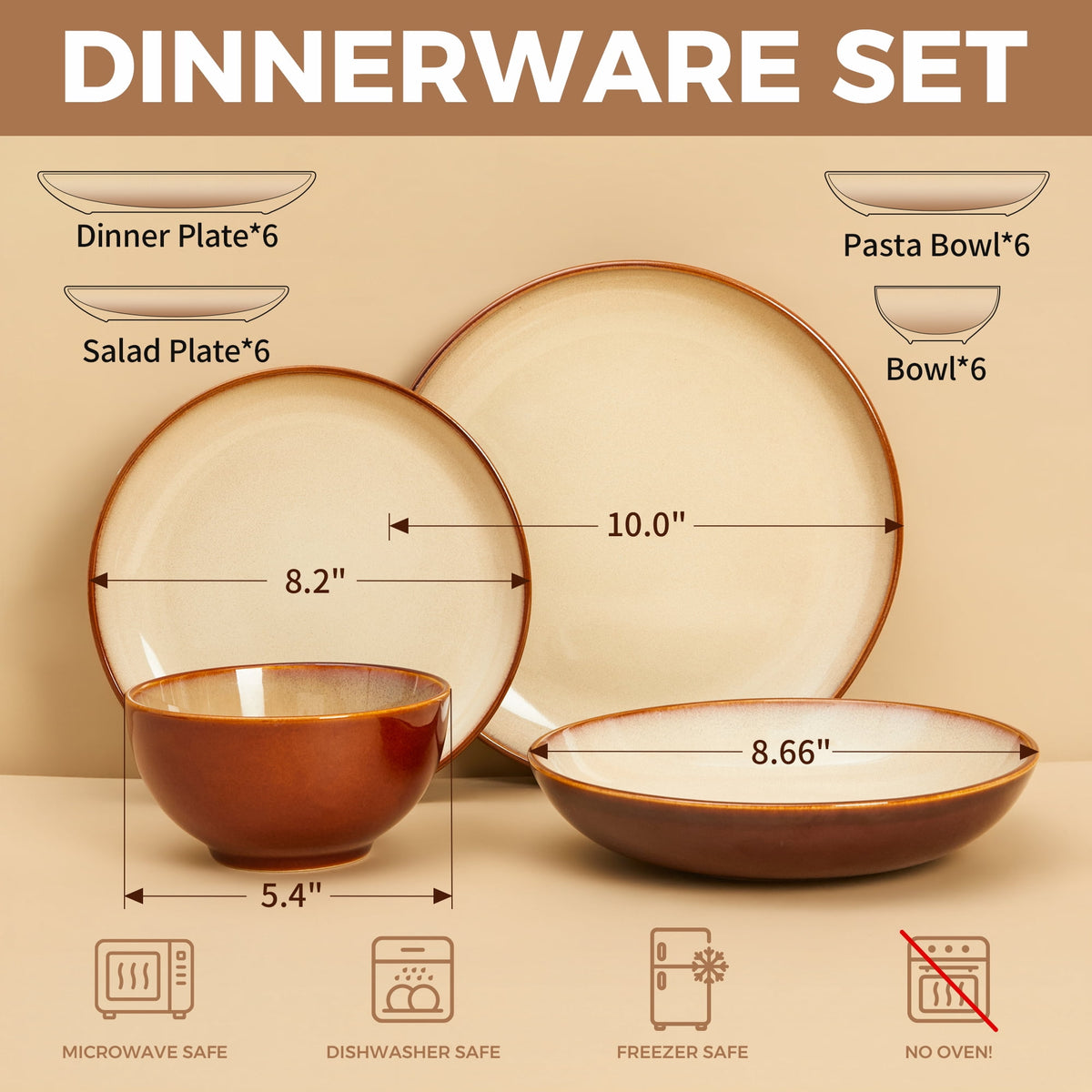 Pokini 12-Piece Stoneware Dinnerware Sets, Plates and Bowls Dish Sets for 4, Brown Green