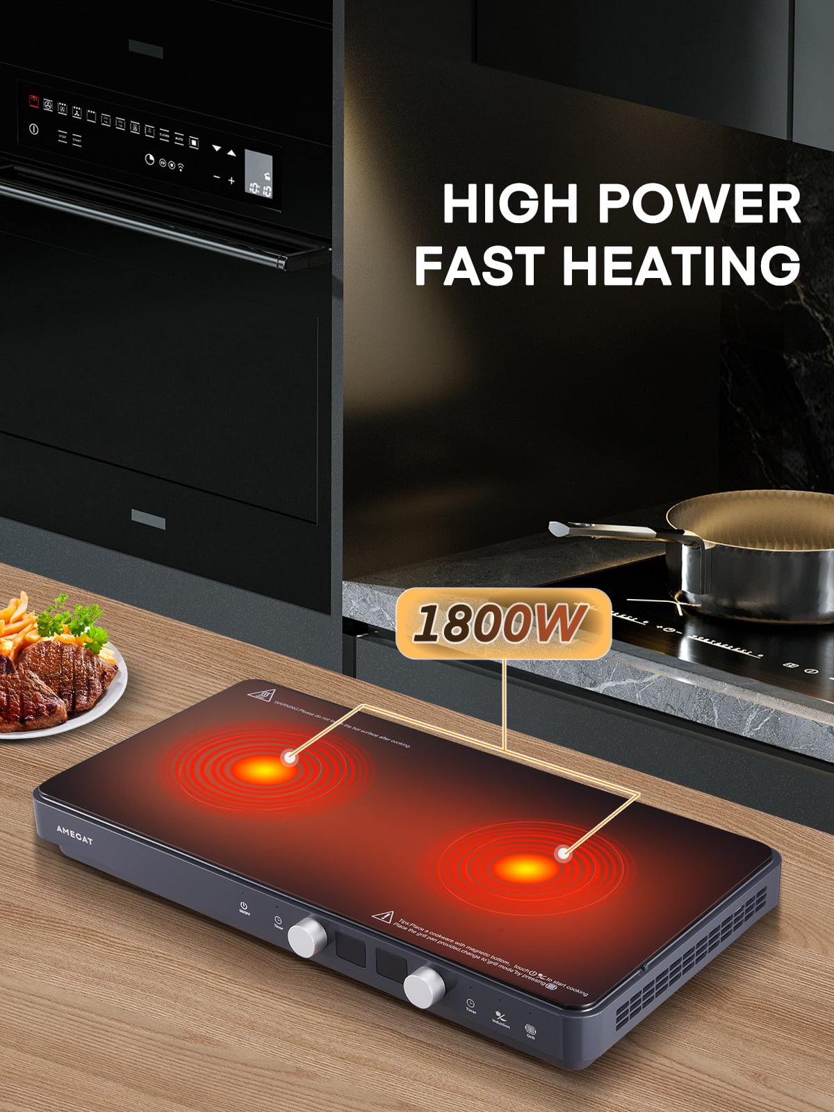 Induction Cooktop 2 Burners, 1800W Countertop Burners with Removable Cast Iron Griddle Pan Non-Stick, 8 Power Levels Control
