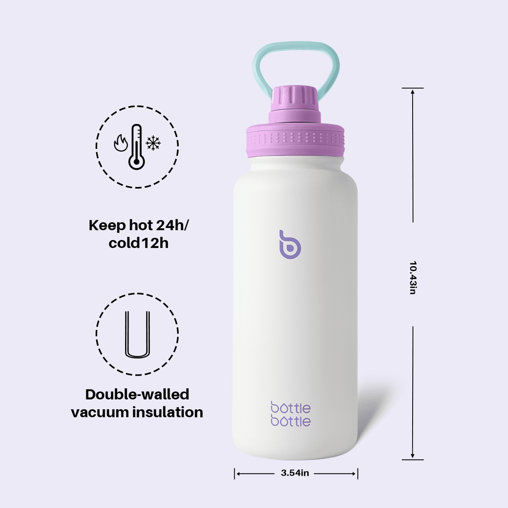 BOTTLE BOTTLE 32 oz Insulated Water Bottle Stainless Steel Water Bottle with Two Lids and Handle Double Walled BPA-Free Keeps Drinks Cold for 12 Hours and Hot for 24 Hours (ButterLatte)