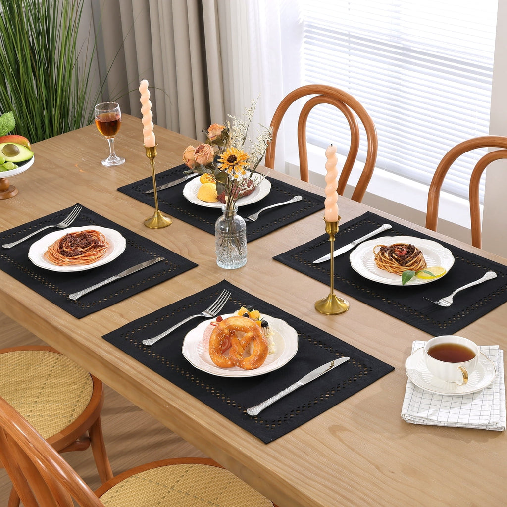 Placemats Set of 4, Yamaziot Double Layer Cloth Fabric Heat Resistant Place Mat, Washable Reversible Rectangle Dining Table Mats, Hollow Khaki, 12"x18"