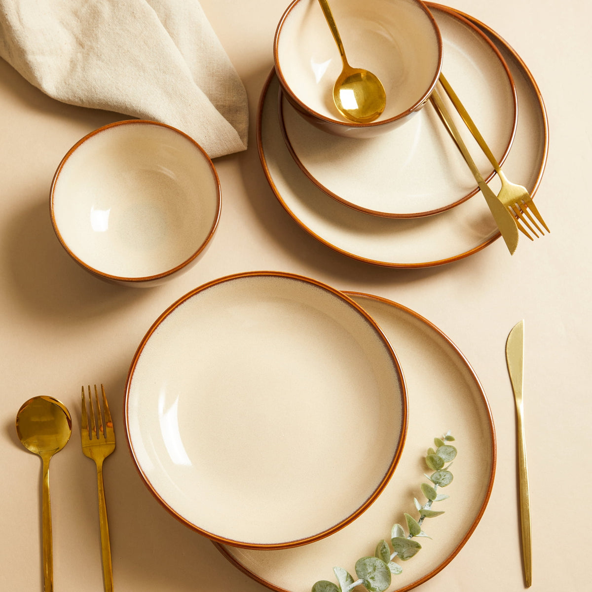 Pokini 12-Piece Stoneware Dinnerware Sets, Plates and Bowls Dish Sets for 4, Brown Green