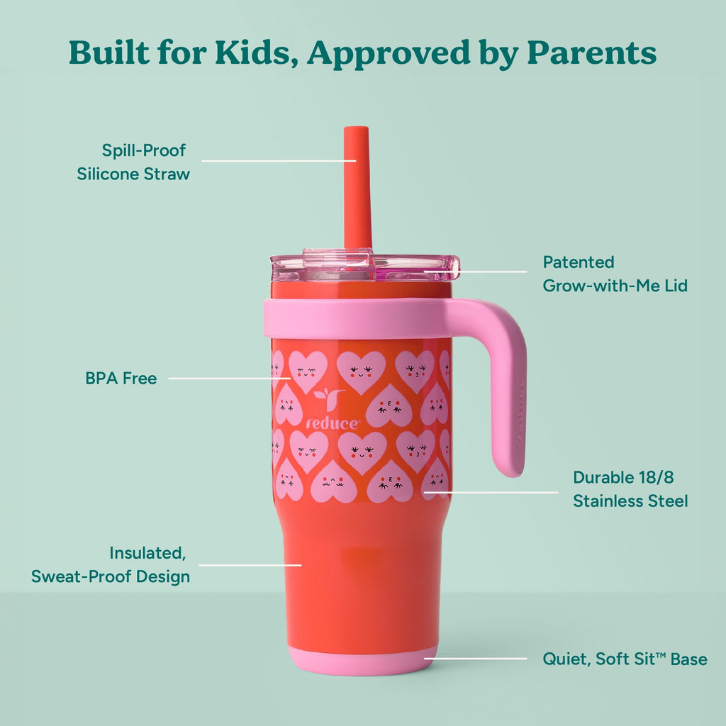 Reduce Coldee Kids Insulated Tumbler with Straw, 18oz Stainless Steel Spill-Proof Cup with Handle, Smiles