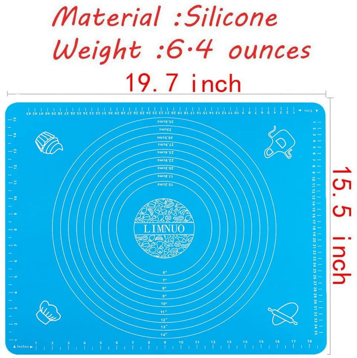 Gixusil Silicone Pastry Mat Rolling Pin Mat with Measurements Nonstick Kneading Board for Rolling Dough Reusable Thicken Pad Pie Bread Cookie Sheet Baking Oven Mat Placement Pad 15.75*19.68Inch（Blue)