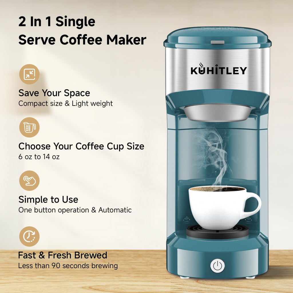 MINI Single Serve Coffee Maker,Instant Coffee Maker One Cup for K Cup & Ground Coffee,Portable Capsule Coffee Machine with 6 to 14oz Reservoir,90 Seconds Fast Brewing and One Button Operation