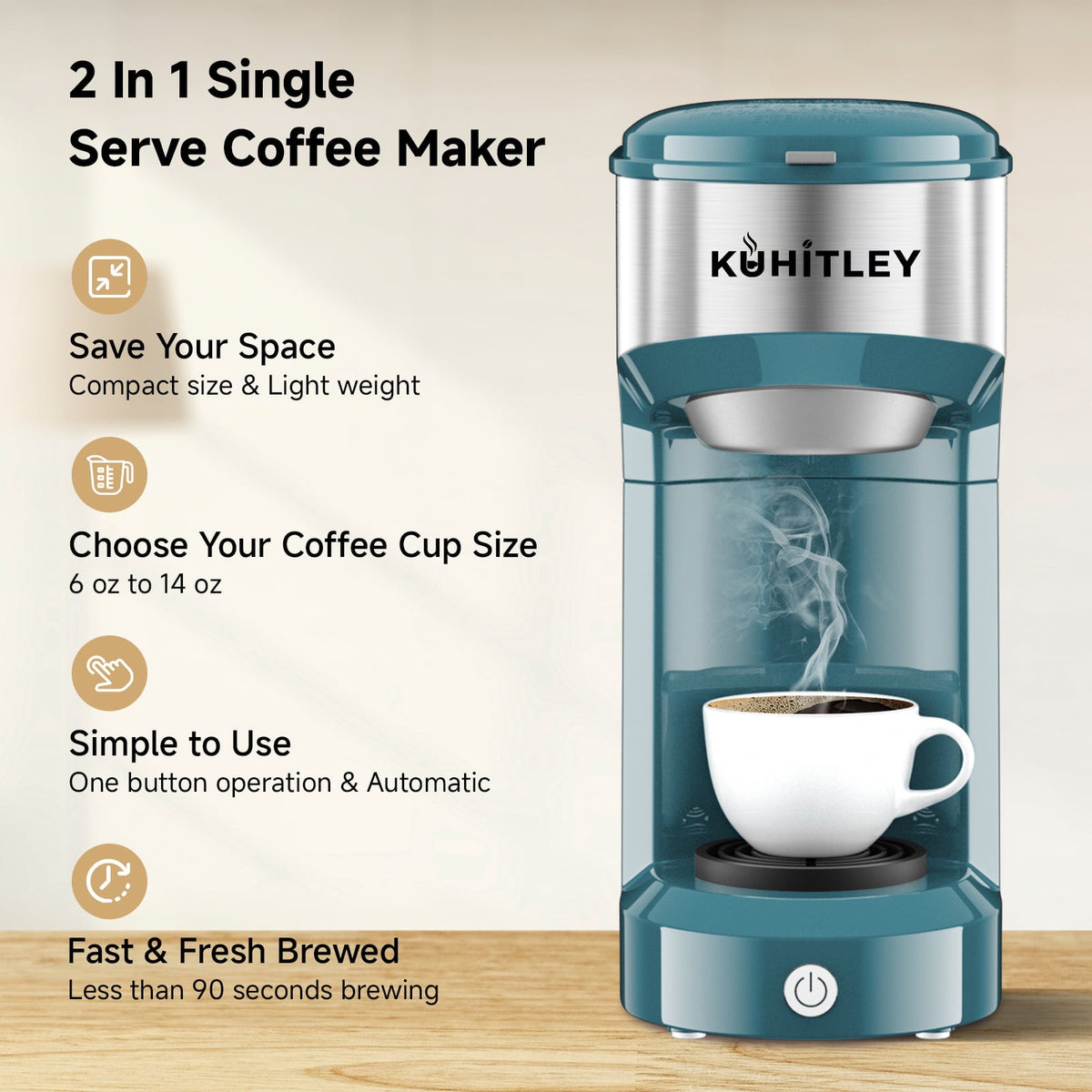 MINI Single Serve Coffee Maker,Instant Coffee Maker One Cup for K Cup & Ground Coffee,Portable Capsule Coffee Machine with 6 to 14oz Reservoir,90 Seconds Fast Brewing and One Button Operation
