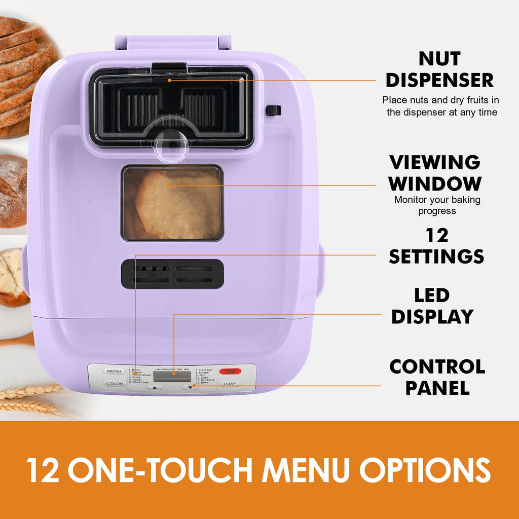 Kitchen in the Box 2lb Bread Maker with Auto Fruit Nut Dispenser, 12-in-1 Gluten-Free Bread Machine, 13H Delay Timer, Nonstick Pan, Keep Warm, White