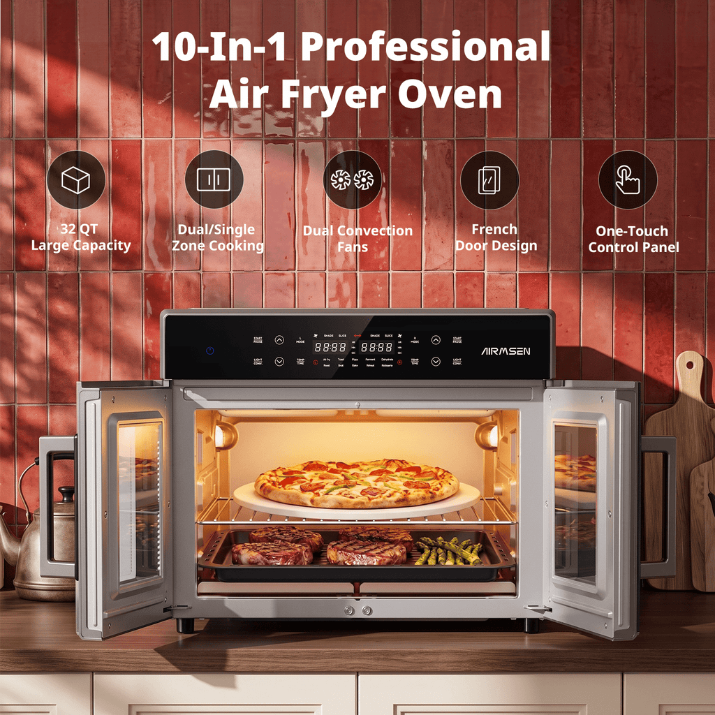 AIRMSEN 32 QT Dual Zone Air Fryer Toaster Oven Combo, 15 PCS Set, French Door Countertop Convection Oven, 1800W, 450°F Max Temp, Touchscreen, 360° Auto Rotisserie Spit, Bake, Broil, Roast