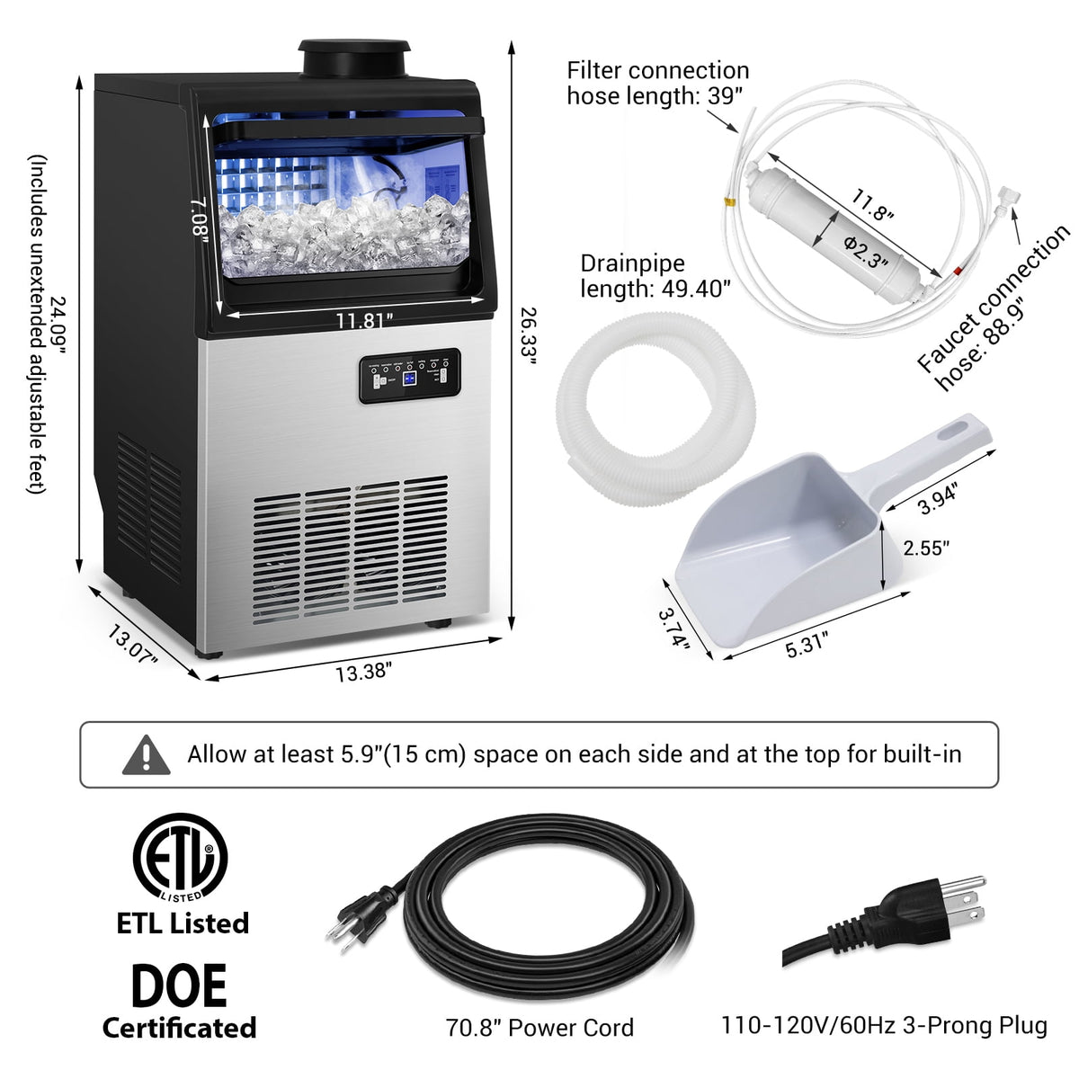 TITTLA Commercial Ice Maker 88Lbs/24H,Freestanding Built-in Ice Machine with 23 lbs Storage,5x9 Cubed Ice,Stainless Steel