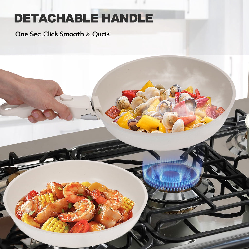 17 Piece Ceramic Pots and Pans Set Non Stick, Cookware Set with Detachable Handle, Oven Safe, Induction Ready, Stackable RV Kitchen Cooking Set Removable Handles, Cream White