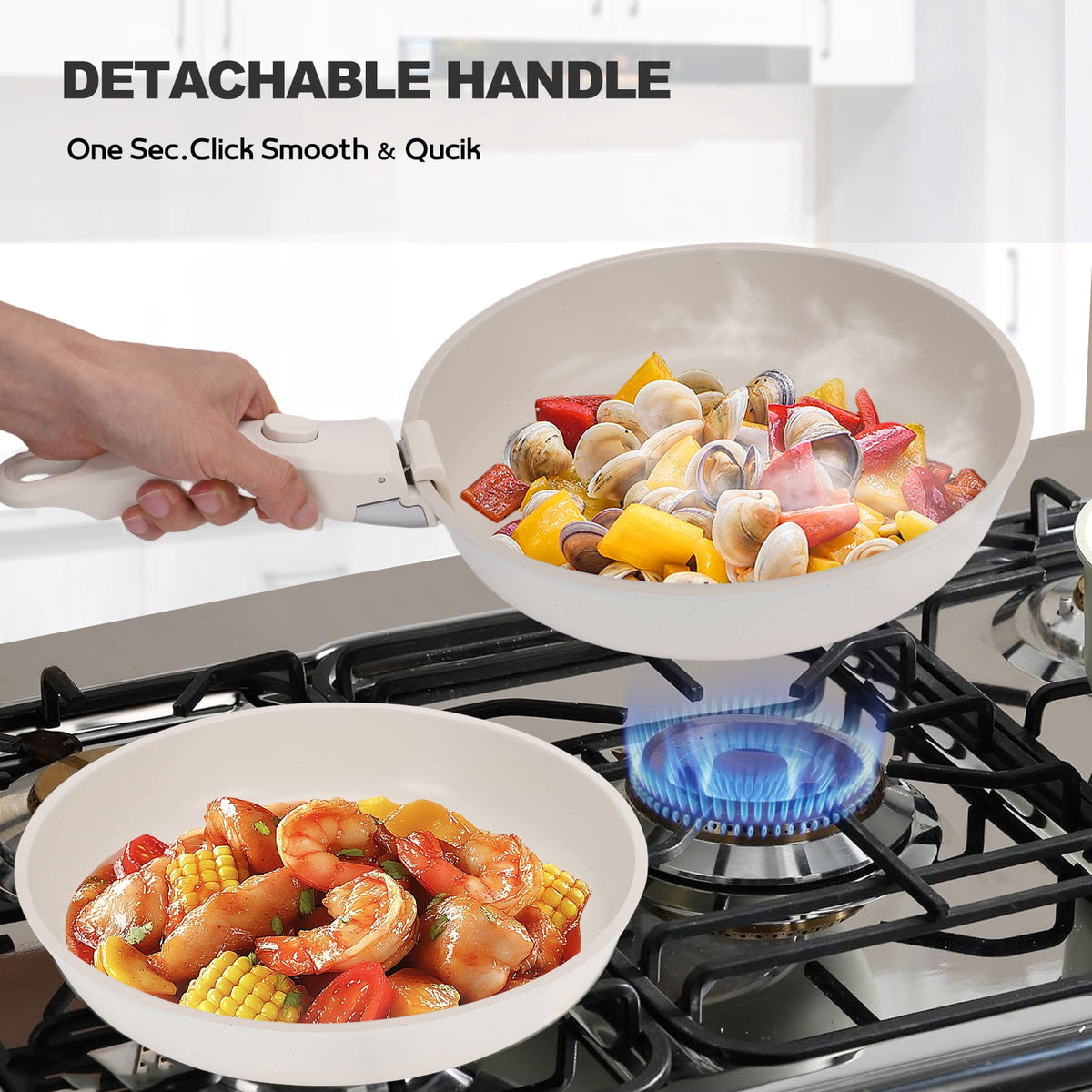 17 Piece Ceramic Pots and Pans Set Non Stick, Cookware Set with Detachable Handle, Oven Safe, Induction Ready, Stackable RV Kitchen Cooking Set Removable Handles, Cream White