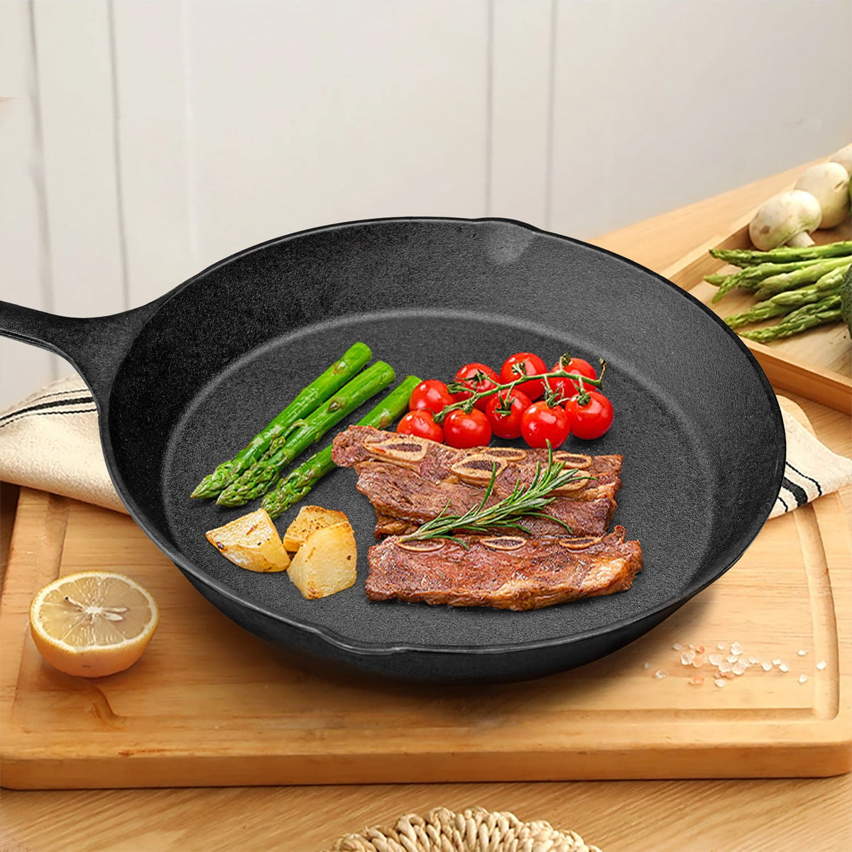 TINANA 12 inch Pre-Seasoned Cast Iron Skillet with Handle and Dual-Use Insulating Pad