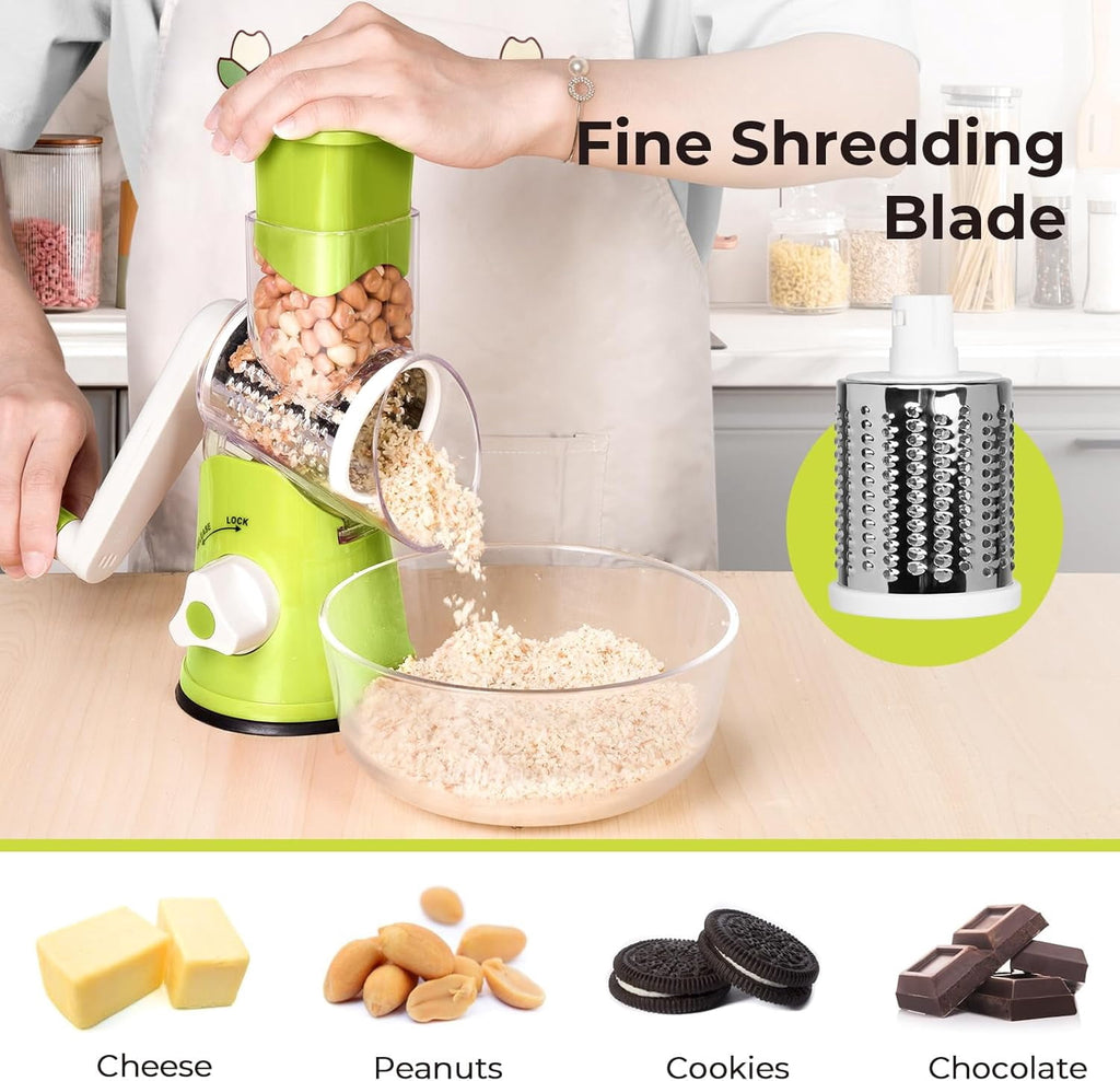 Premium Rotary Cheese Grater, Manual Cheese Grater for Kitchen, Handheld Vegetables Slicer Cheese Shredder with Rubber Suction Base, 3 Stainless Drum Blades Included,Blue