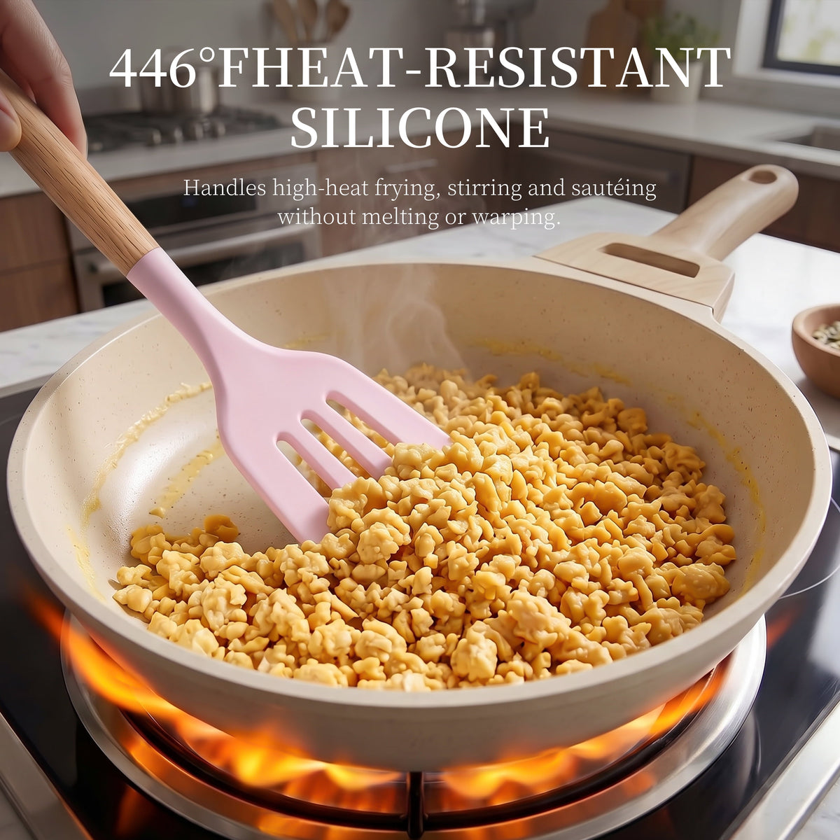 Silicone Cooking Utensils Set - Silicone Kitchen Utensils for Cooking Wooden Handles, 446°F Heat Resistant Kitchen Utensil Spatula Sets w Holder, Gadgets for Non-Stick Cookware BPA FREE (Black)
