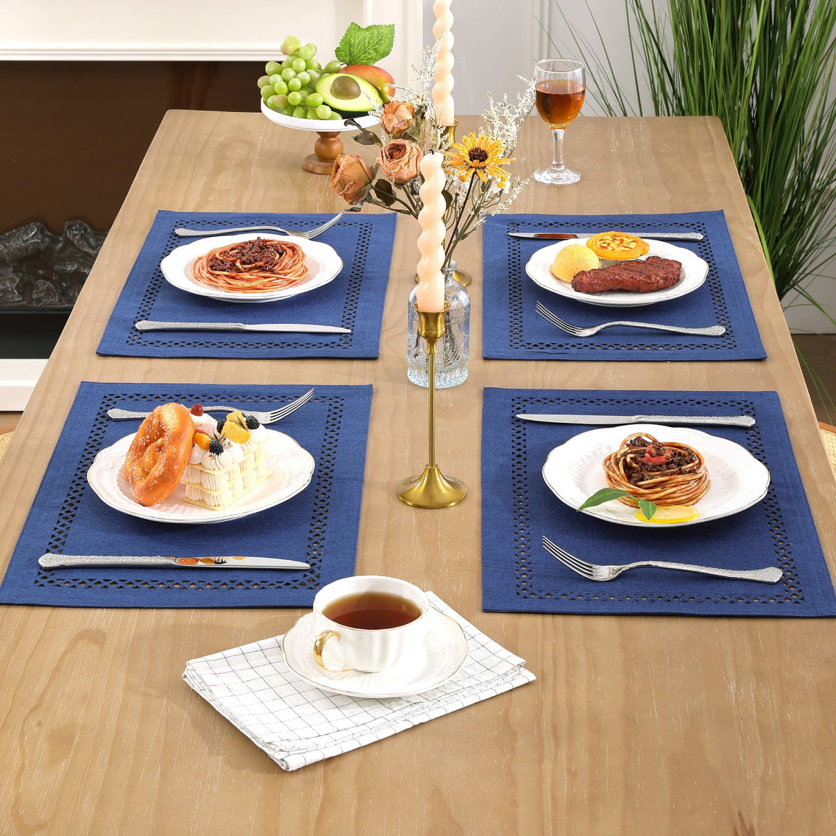 Placemats Set of 4, Yamaziot Double Layer Cloth Fabric Heat Resistant Place Mat, Washable Reversible Rectangle Dining Table Mats, Hollow Khaki, 12"x18"
