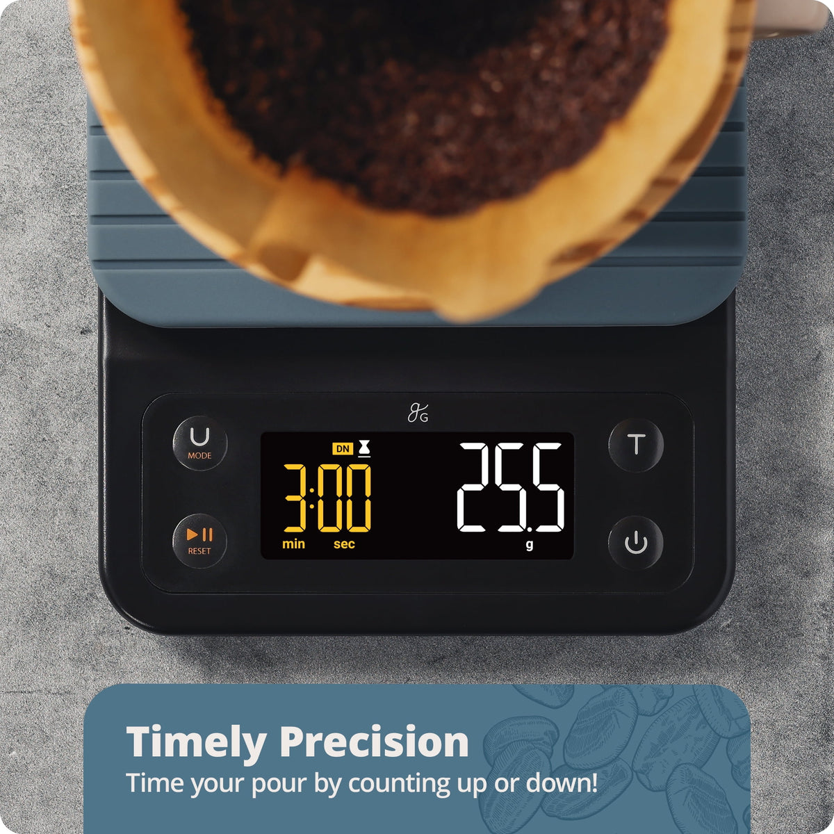 Greater Goods Coffee Scale with Timer, 0.1g Precision, 3kg Capacity, 6-Unit Digital Espresso & Pour-Over Scale, Silicone Waterproof Cover, Auto Shut-Off (Onyx Black)