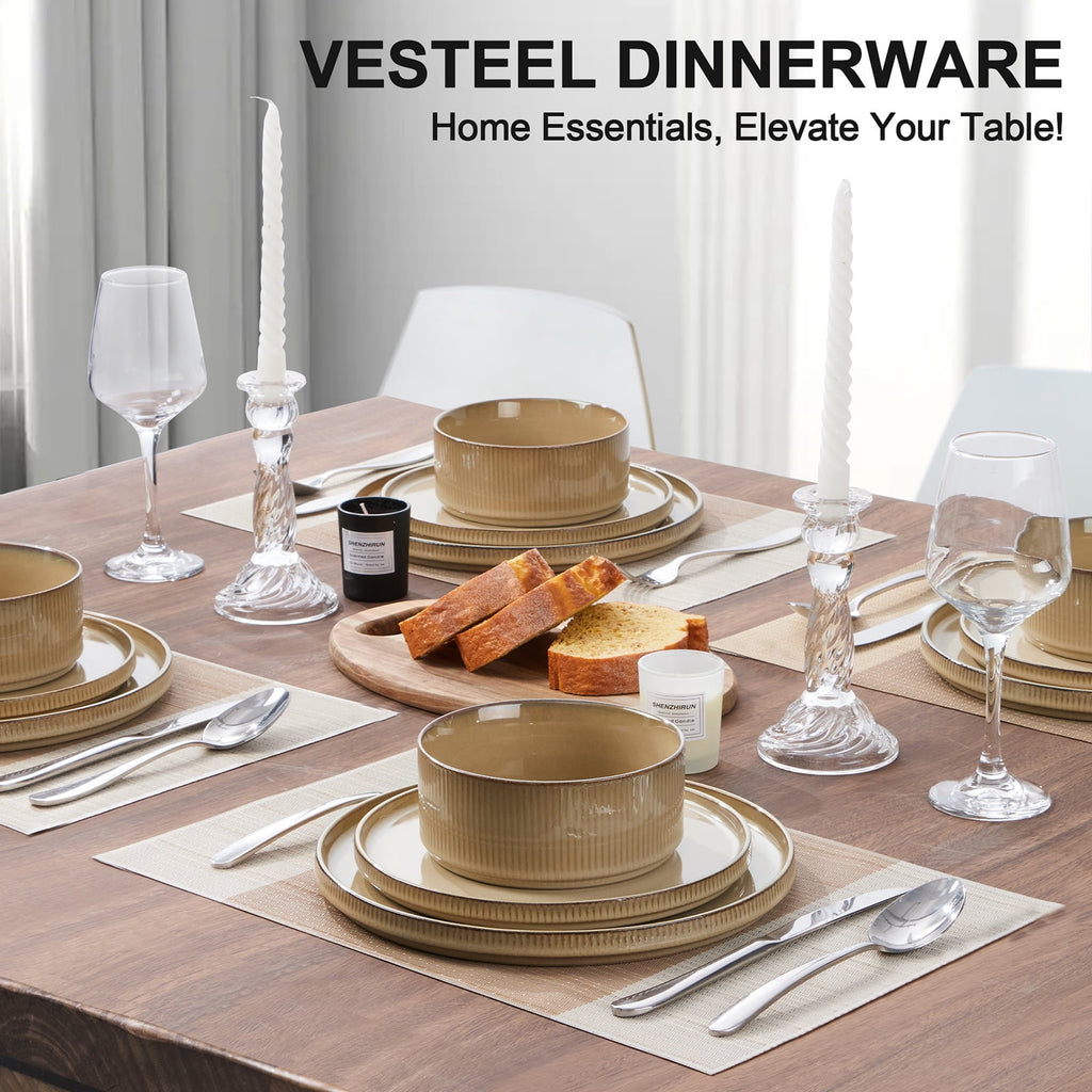 Vesteel 12 Pieces Dinnerware Set for 4, Premium Stoneware Ribbed Dishes, Chip & Scratch Resistant Plates and Bowls Set for Home Restaurant, Microwave and Dishwasher Safe - Speckled White