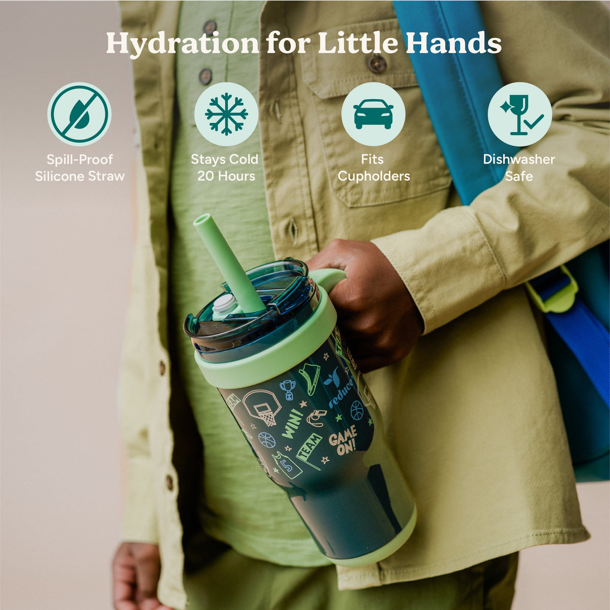 Reduce Coldee Kids Insulated Tumbler with Straw, 18oz Stainless Steel Spill-Proof Cup with Handle, Smiles