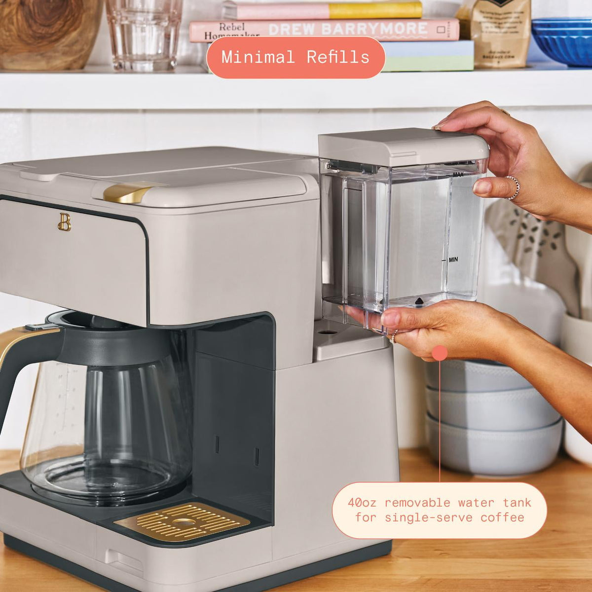 Beautiful by Drew Barrymore Multi-Brew 12-Cup Programmable Drip & Single-Serve Coffee Maker, White Icing