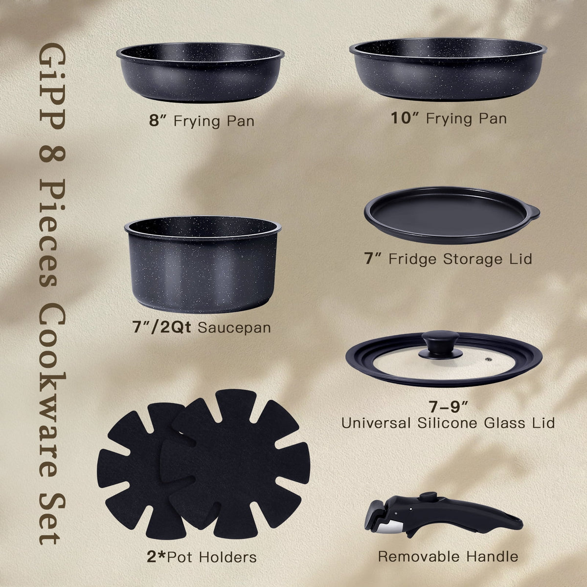 Gipp 11pcs Ceramic Cookware Sets, Pots and Pans Set Non Stick with Removable Handle, Oven & Dishwasher Safe,Induction Cookware