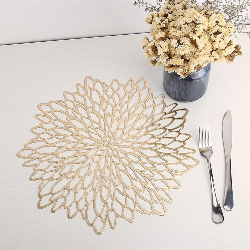 Vinyl Placemats Non-Slip Washable Heat Resistant Round PVC Table Mats for Morden Kitchen Dining Table Wedding,Gold