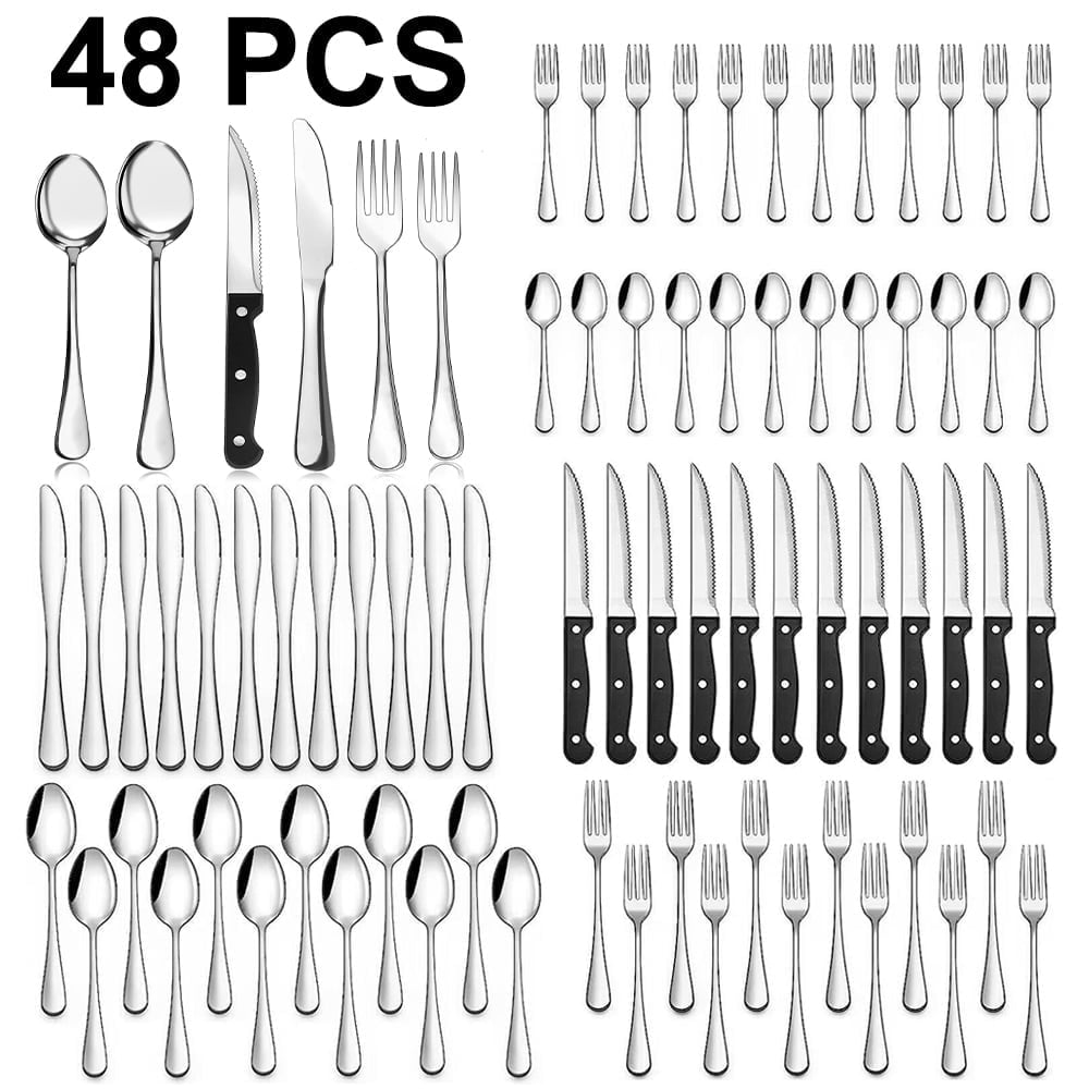 49-Piece Silverware Set with Flatware Drawer Organizer, Durable Stainless Steel Cutlery Set for 8, Mirror Polished Kitchen Utensils Tableware Service with Steak Knives Dinner Fork Knife Spoon & Tray