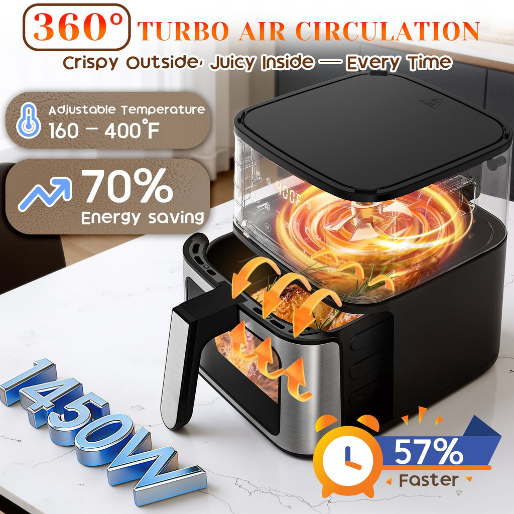 7.5QT XL Air Fryer with Flip-Over Grill, 8 Cooking Presets, Internal Light, 160-400°F, Auto Shutoff, Dishwasher Safe, 100 Paper Liners Included for Easy Cleanup