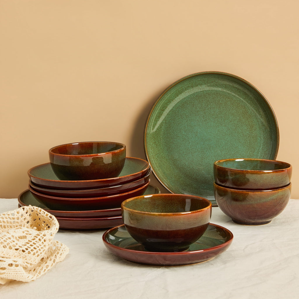 Pokini 12-Piece Stoneware Dinnerware Sets, Plates and Bowls Dish Sets for 4, Brown Green