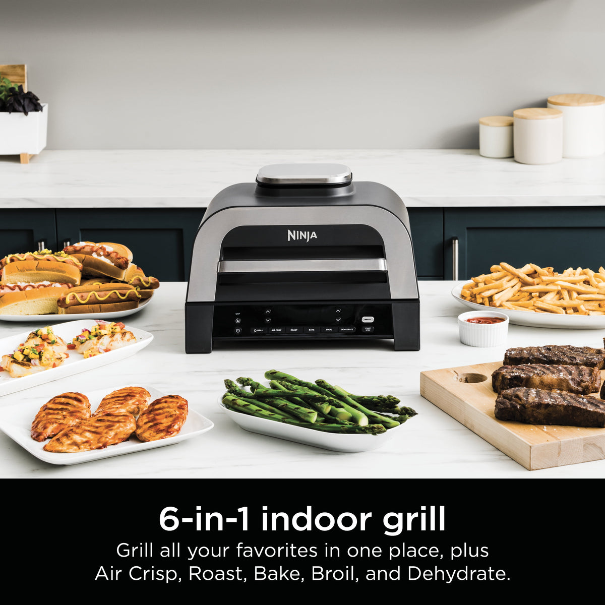 Ninja Foodi Smart XL 6-in-1 Indoor Grill with Air Fry, Roast, Bake, Broil, & Dehydrate, Foodi Smart Thermometer, 2nd Generation, Black/Silver DG551