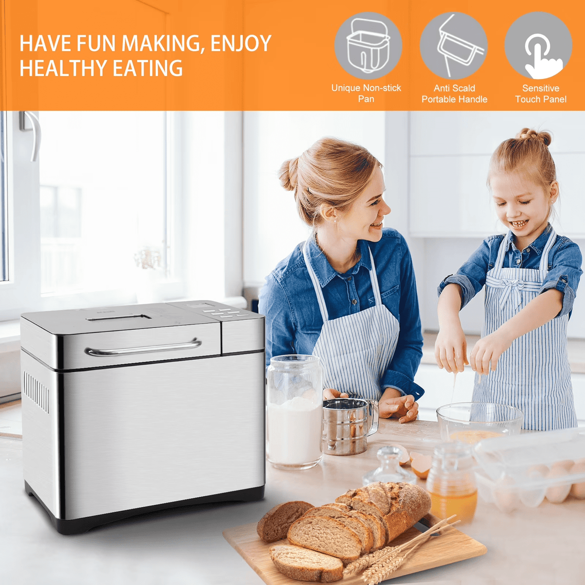 KBS 2lb Bread Maker Machine, 19-in-1 Automatic Bread Maker with Auto Nut Dispenser, Nonstick Pan, 15H Delay Timer, 1H Keep Warm, Stainless Steel