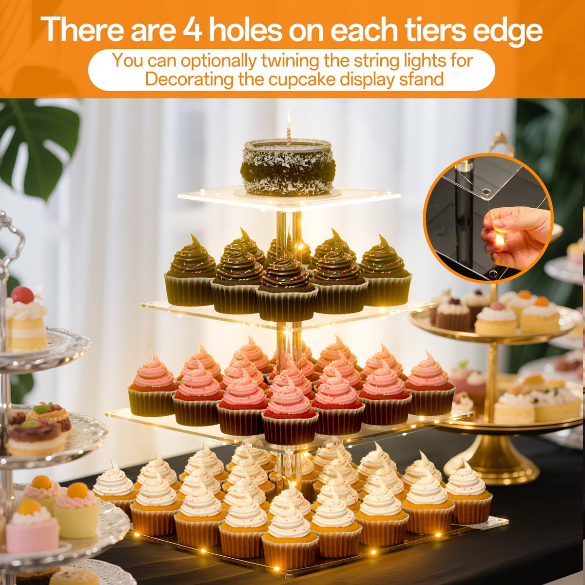 TINANA 4 Tier Acrylic Cupcake Stand with LED Light, Premium Dessert Tower Display Holder for Weddings, Birthday Parties, Candy Bar Décor, Yellow Light