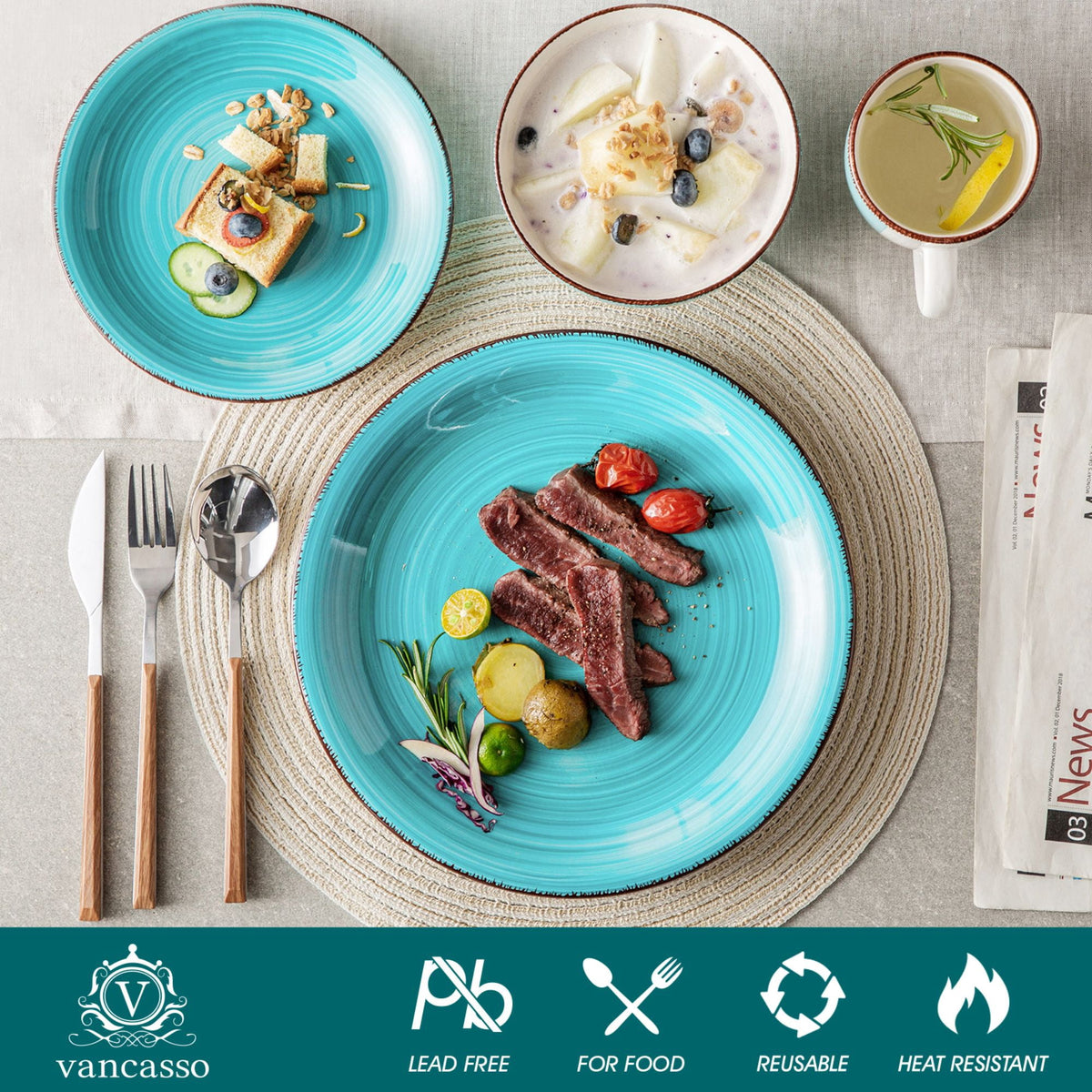 Vancasso 32 Pieces Dinnerware Sets for 8, Ceramic Plates and Bowls Sets, Scratch Resistant Dishes Set, Microwave & Dishwasher Safe, Colourful