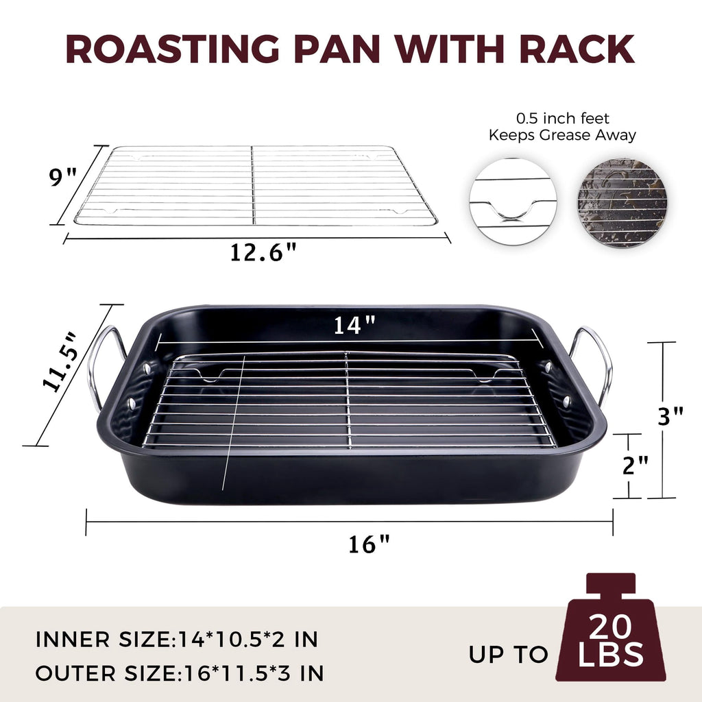 HONGBAKE Small Roasting Pan with Flat Rack, 16"x11.5" Nonstick Turkey Pan for Oven, Chicken Roaster Tray , Baking Pans for Cooking Lasagna with Stainless Steel Handles