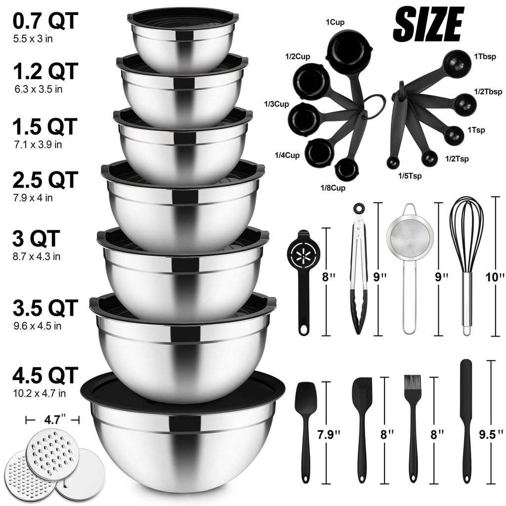 Mixing Bowls with Lids Set of 5, Vesteel Stainless Steel Mixing Bowls Metal Nesting Salad Bowls, Size 4.5, 3, 1.5, 1, 0.7 QT Great for Cooking, Baking, Serving - Multi-Color