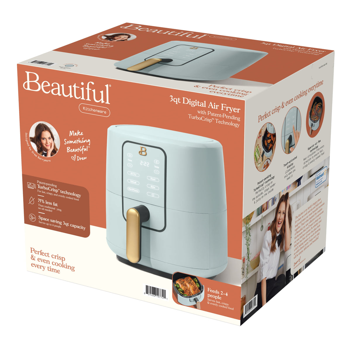 Beautiful 3 Qt Air Fryer with TurboCrisp Technology, EverGood Non-Toxic Ceramic Nonstick Coating, Chocolate by Drew Barrymore
